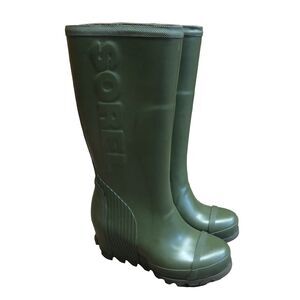 Sorel Joan Tall Wedge Olive Green Rubber Waterproof Rain Boots size 7.5